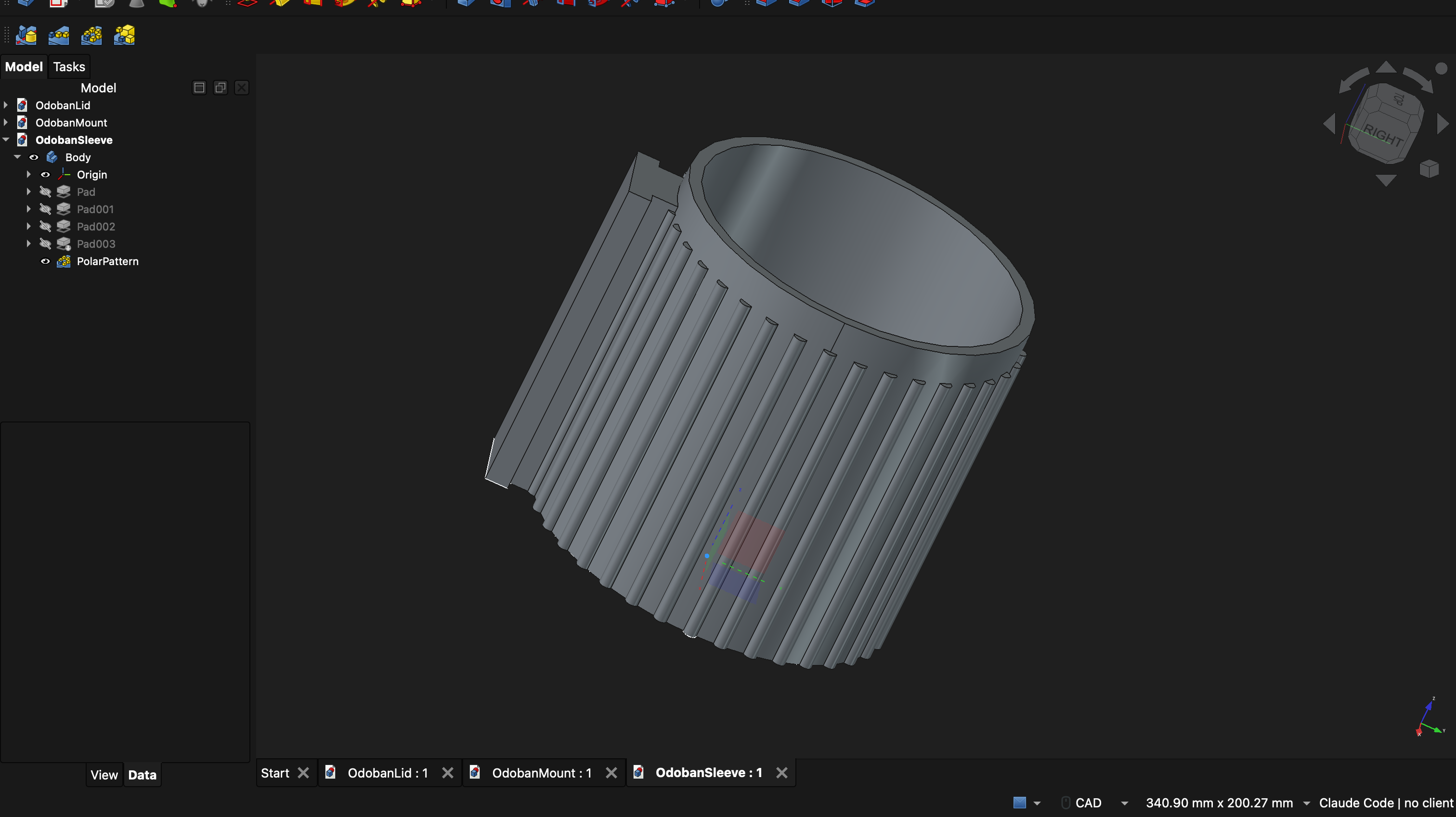 Sleeve model in FreeCAD with its ribbed polar pattern