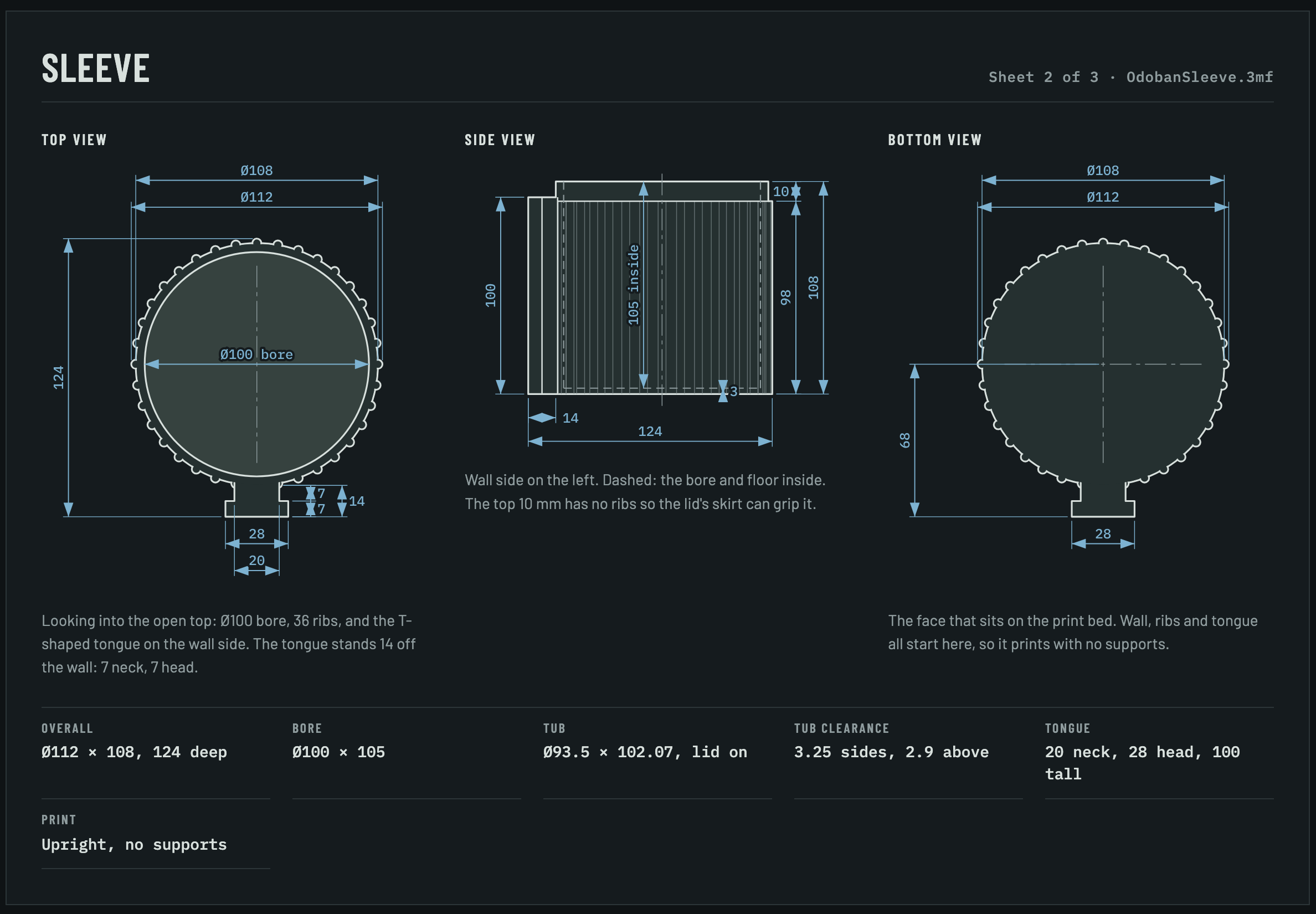 Sleeve dimension sheet with top, side and bottom views