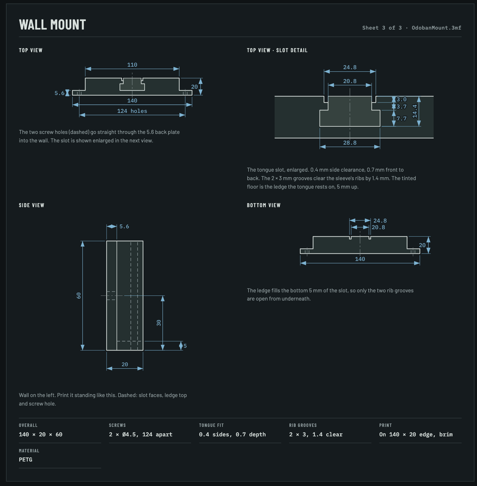 Wall mount dimension sheet with top, slot detail, side and bottom views